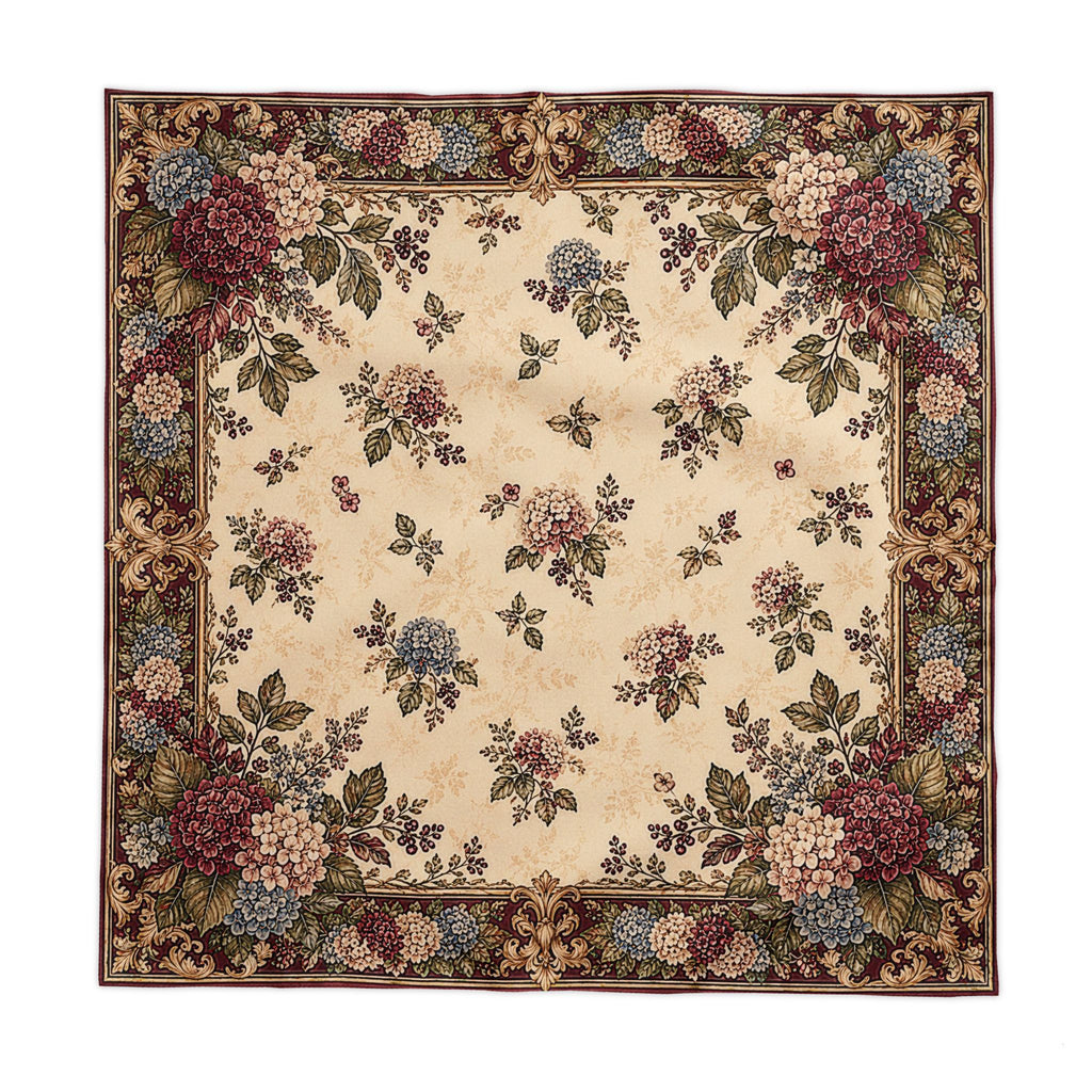 Burgundy Hydrangea Chateau Tablecloth, French Country Floral Border Cream, Blue Wine Red, Fall Autumn Dining Table Linen
