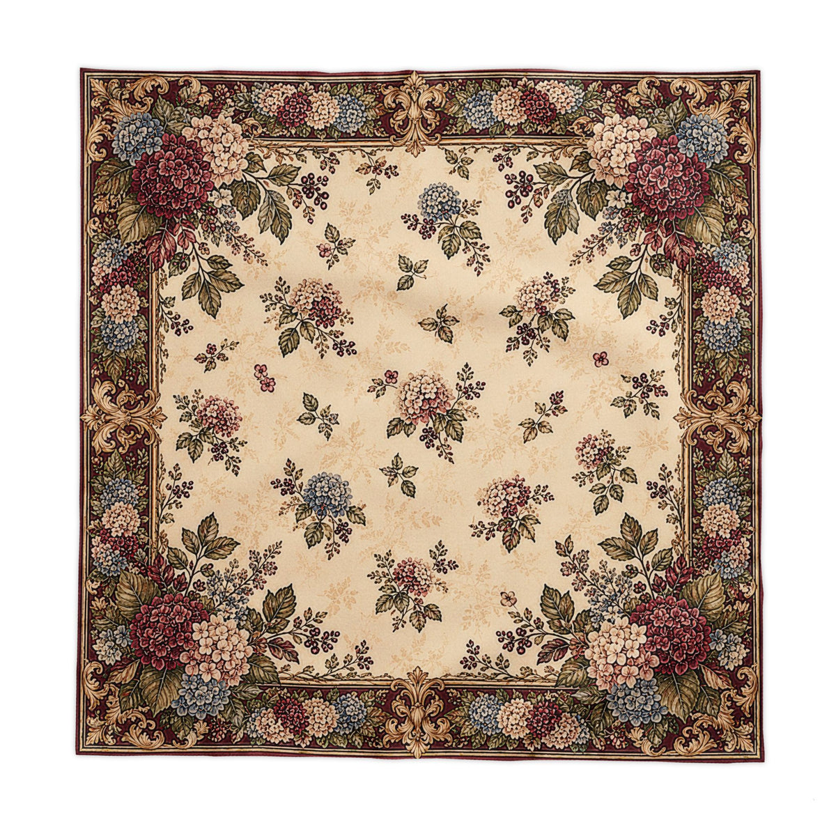 Burgundy Hydrangea Chateau Tablecloth, French Country Floral Border Cream, Blue Wine Red, Fall Autumn Dining Table Linen