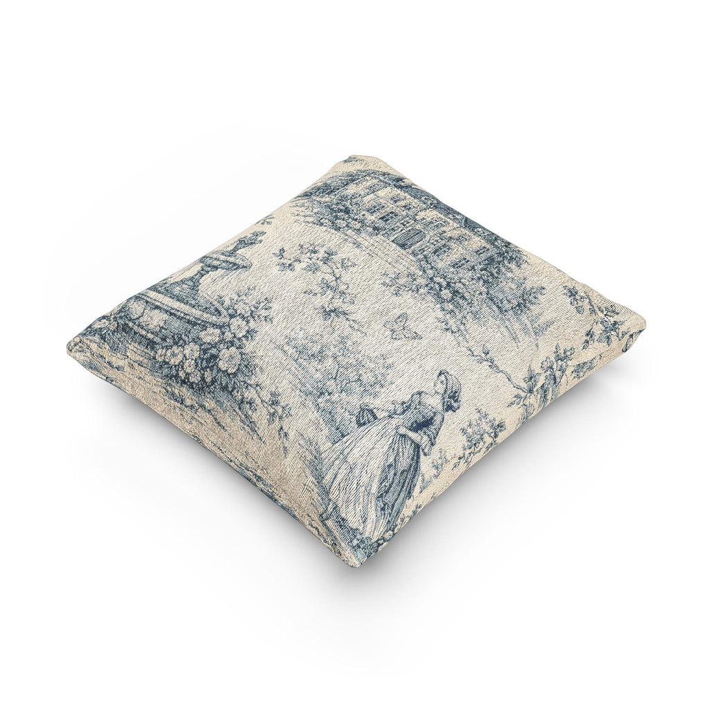 Blue Toile de Jouy Woven Tapestry Pillow and Cover, Vintage Chateau Estate Fountain, French Country Throw Pillow, Victorian Wedding Housewarming Gift