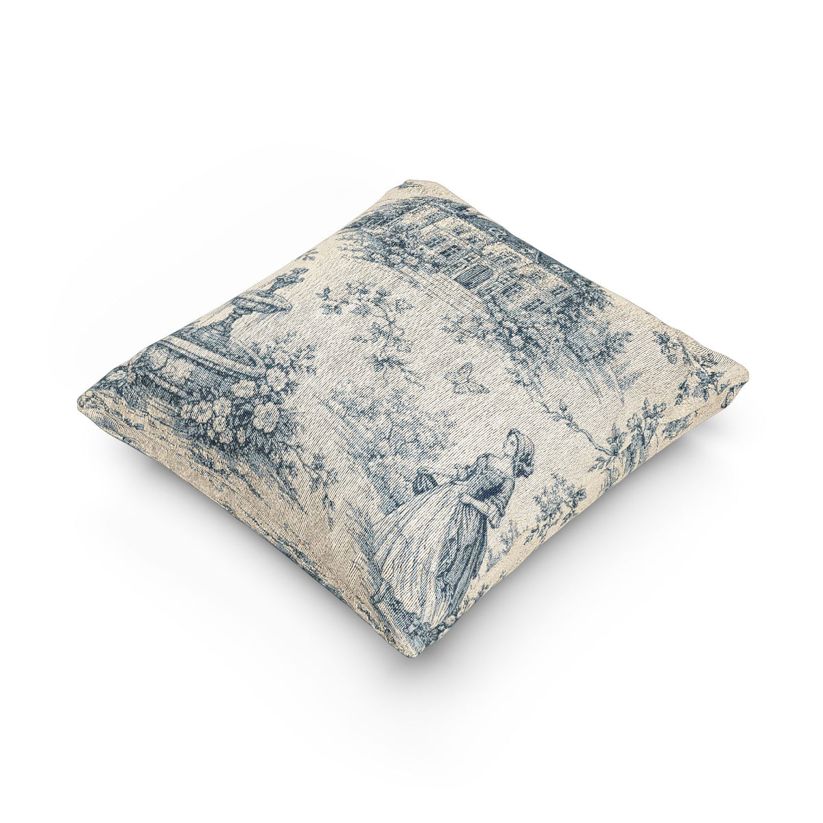 Blue Toile de Jouy Woven Tapestry Pillow and Cover, Vintage Chateau Estate Fountain, French Country Throw Pillow, Victorian Wedding Housewarming Gift