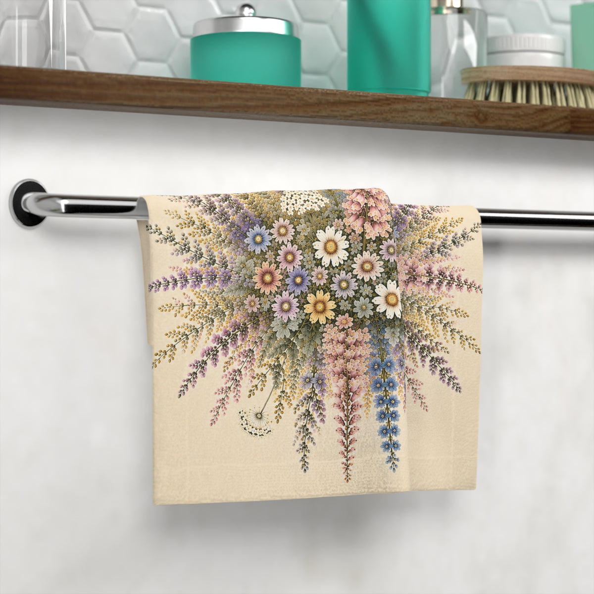 Wildflower Washcloth, Cottagecore Bathroom Face Wash Cloth, Botanical Floral, Pink Foxglove & Blue Delphinium English Garden French Country