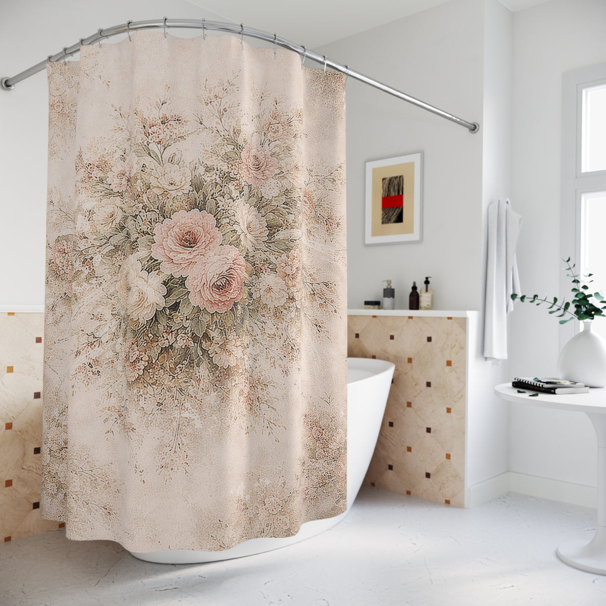 Chateaucore Soft Pink Roses Floral Shower Curtain, Victorian Bathroom Decor, French Country Cottage, Shabby Chic, Housewarming Wedding Gift