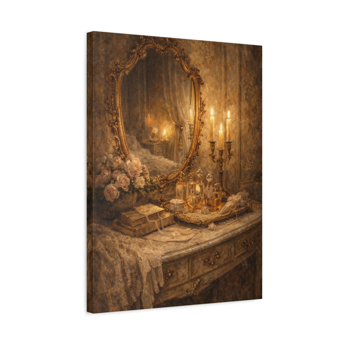 French Country Perfume Vanity Canvas Wall Art Print, Chateaucore Floral Wall Hanging Decor, Victorian Romantic Home Decor, Gift Mom Grandma