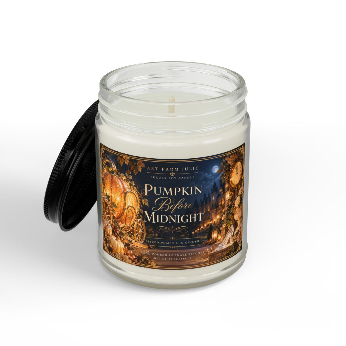 Pumpkin Before Midnight – Spiced Pumpkin & Ginger Soy Candle | Amber or Clear Jar with Lid Enchanted Fairytale Chateau Candle
