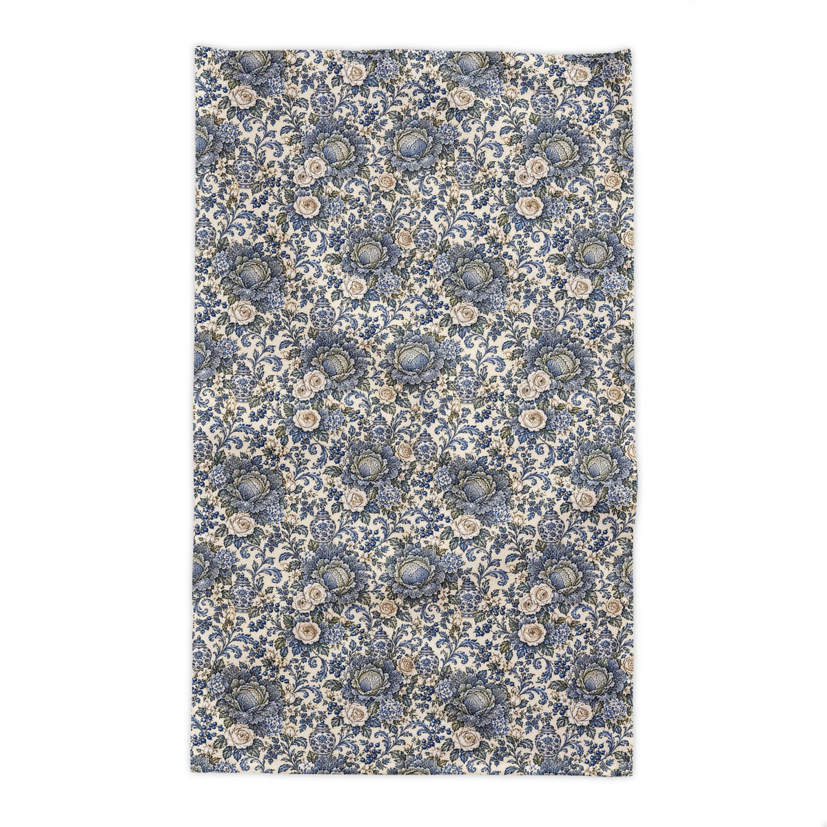 Blue White Cabbage Chinoiserie Tablecloth – Ivory French Country Floral Ginger Jar Botanical Dining Table Linen Square Rectangle