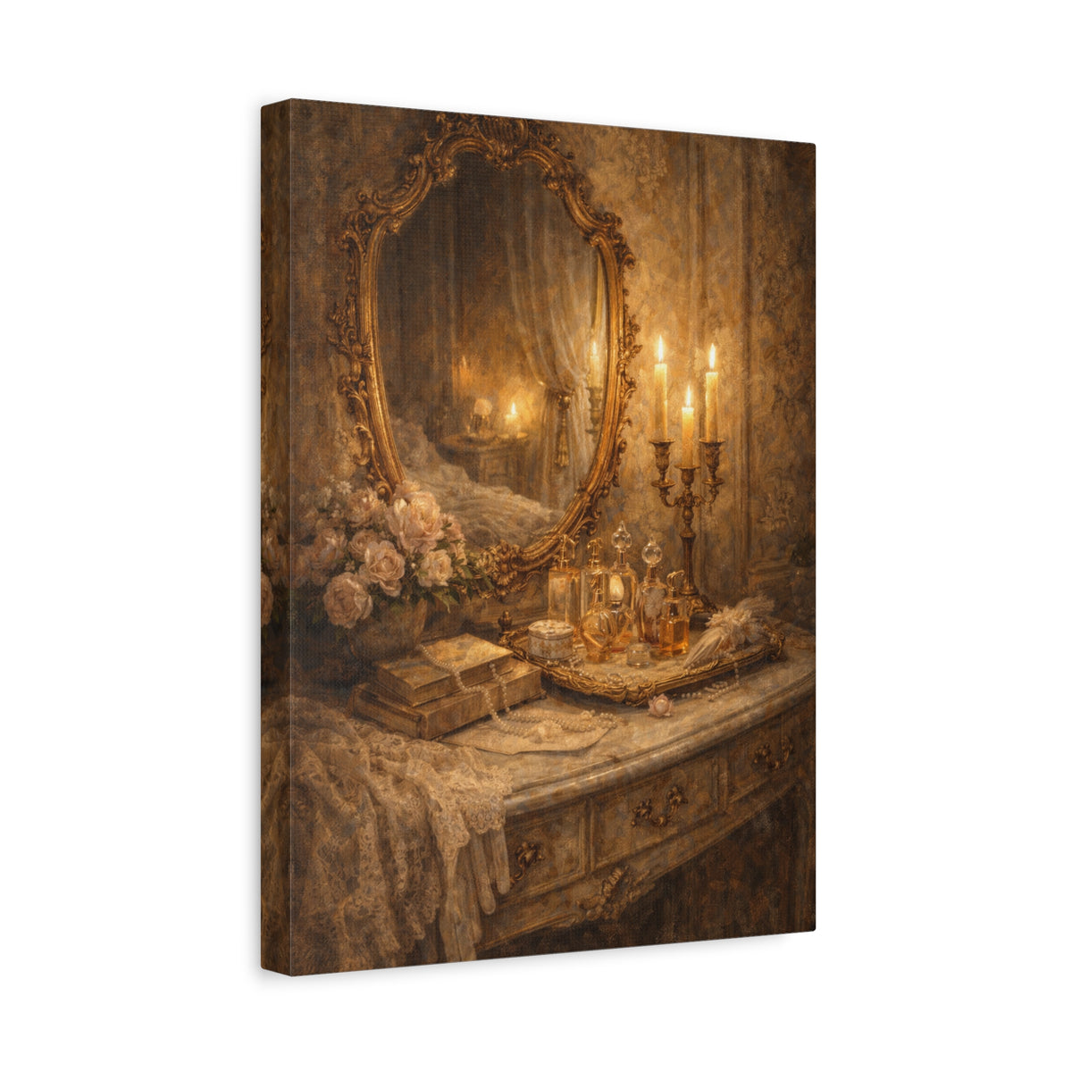 French Country Perfume Vanity Canvas Wall Art Print, Chateaucore Floral Wall Hanging Decor, Victorian Romantic Home Decor, Gift Mom Grandma