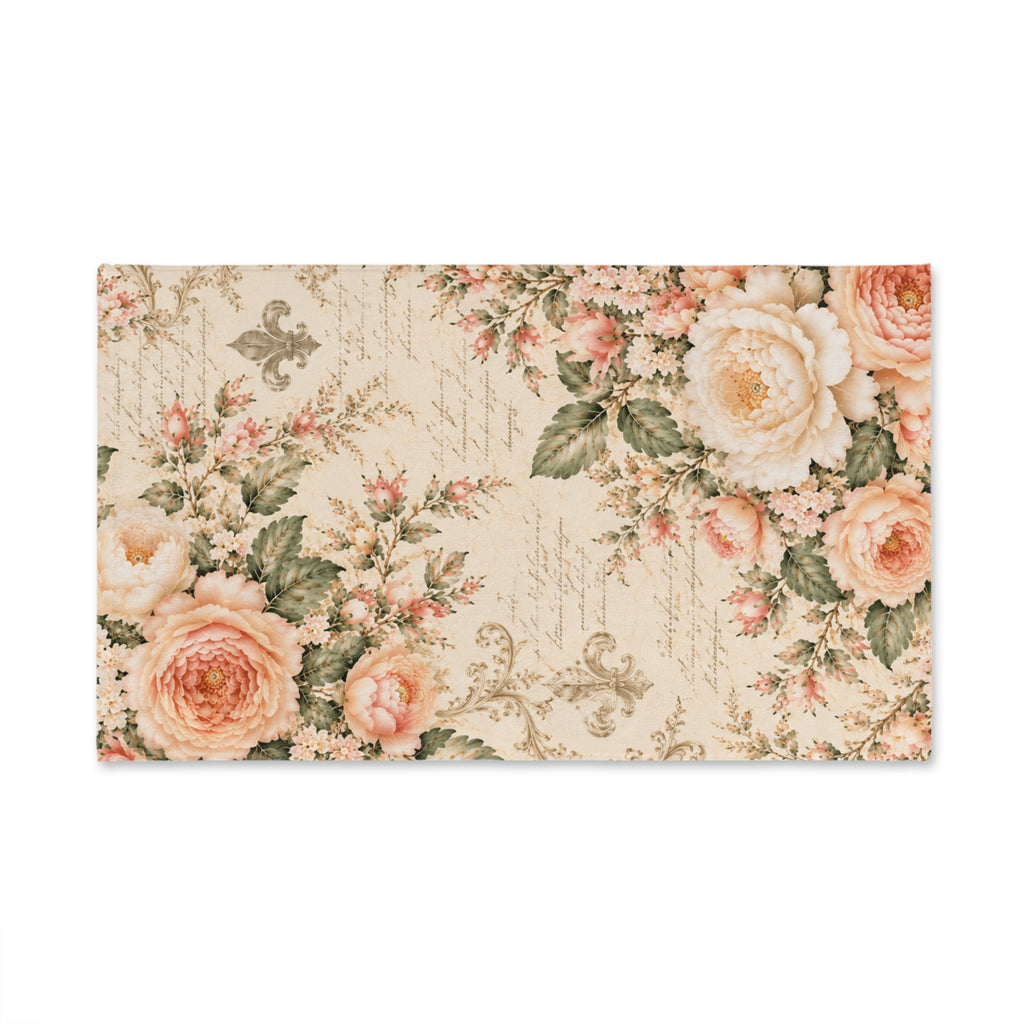 Peach Rose Château Hand Towel, French Country Script Fleur de Lis, Peach Floral Towel, Soft Sage Chateaucore Bathroom Decor