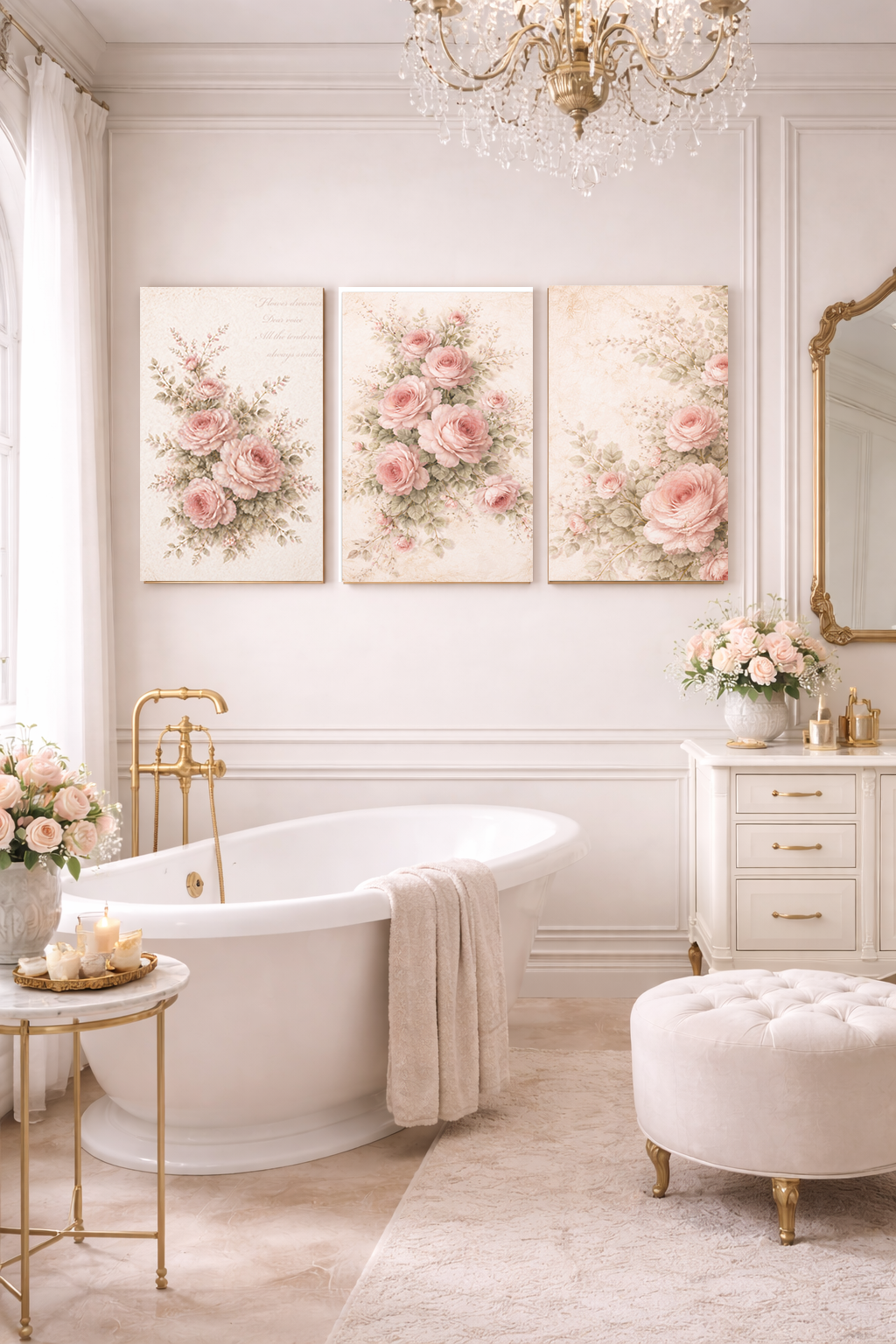 Matching 3-Piece Canvas Set, Chateaucore Blush Pink Roses Bouquet Canvas, French Country Bedroom, Romantic Living Room, Housewarming Gift