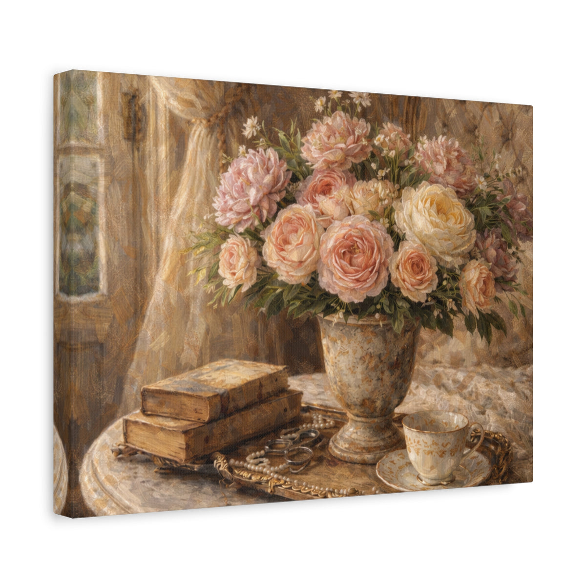 French Country Books Roses Canvas Wall Art Print, Chateaucore Floral Wall Hanging Decor, Victorian Romantic Home Decor, Gift Mom Grandma