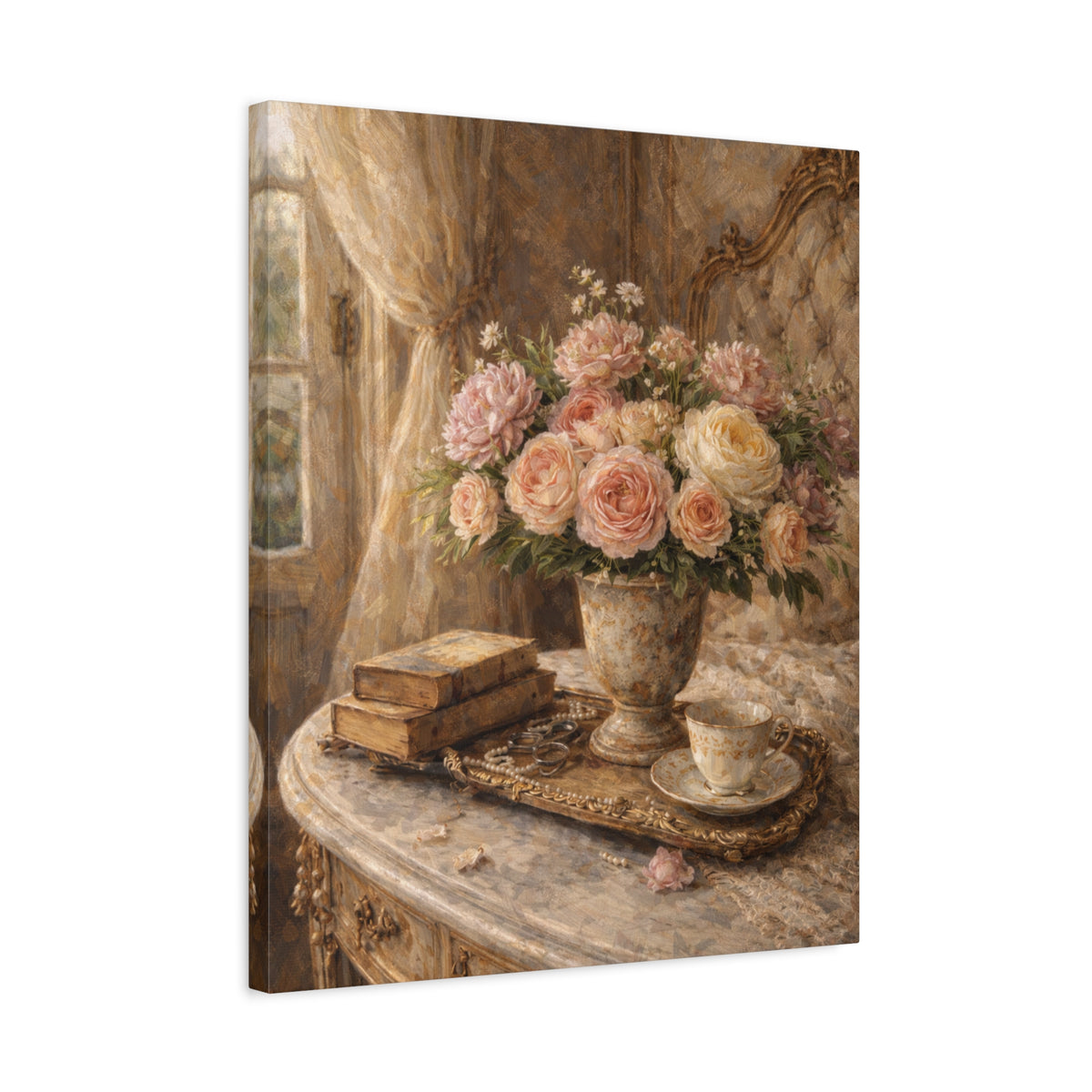 French Country Books Roses Canvas Wall Art Print, Chateaucore Floral Wall Hanging Decor, Victorian Romantic Home Decor, Gift Mom Grandma