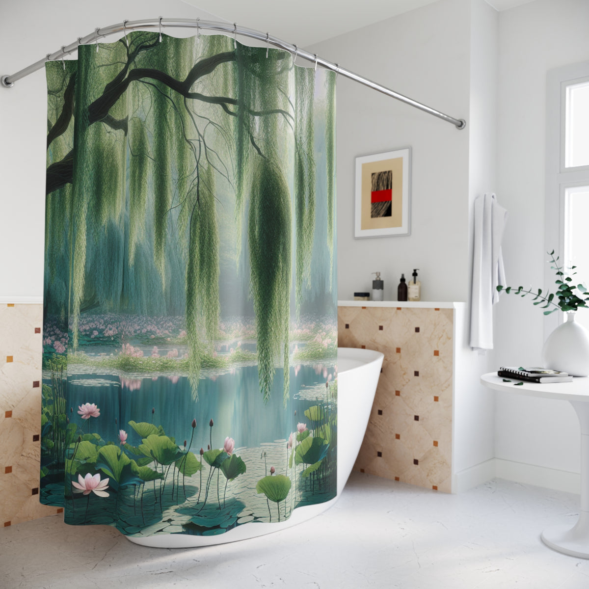 Pond Lily Pads Lotus Flower Weeping Willow Floral Fabric Shower Curtain, Bathroom Decor, Country Cottage Shabby Chic, Farmhouse Style,