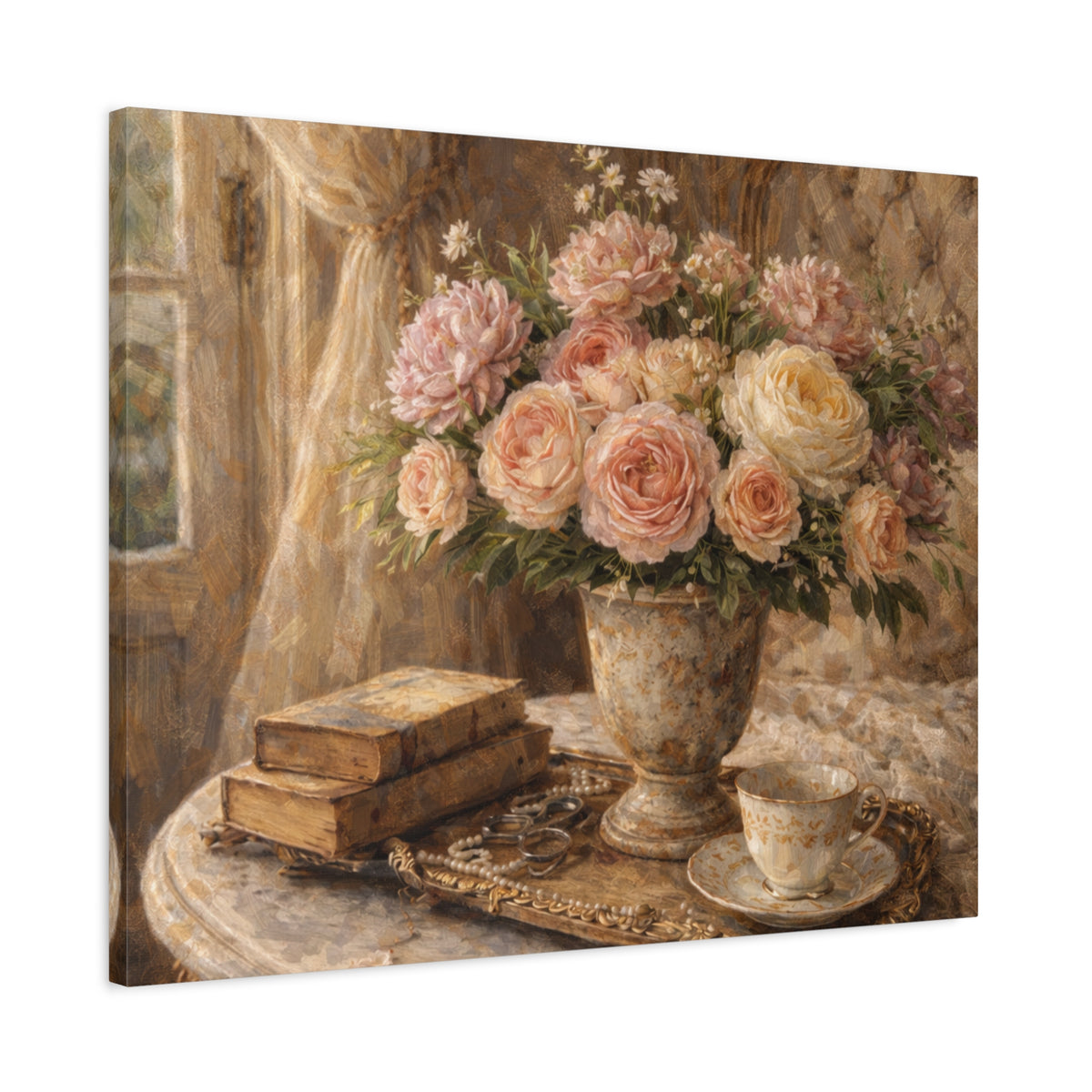 French Country Books Roses Canvas Wall Art Print, Chateaucore Floral Wall Hanging Decor, Victorian Romantic Home Decor, Gift Mom Grandma