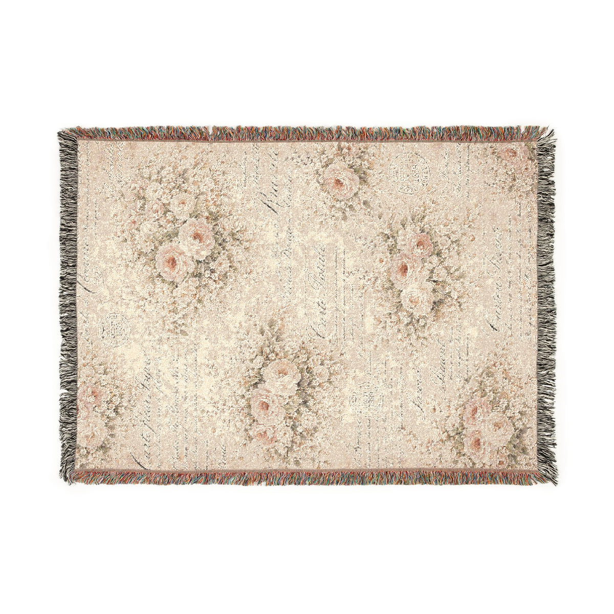 Pink Cream Roses French Script Floral Woven Throw Blanket, French Country Fringed Quilt, Victorian Shabby Chic Tapestry Decor