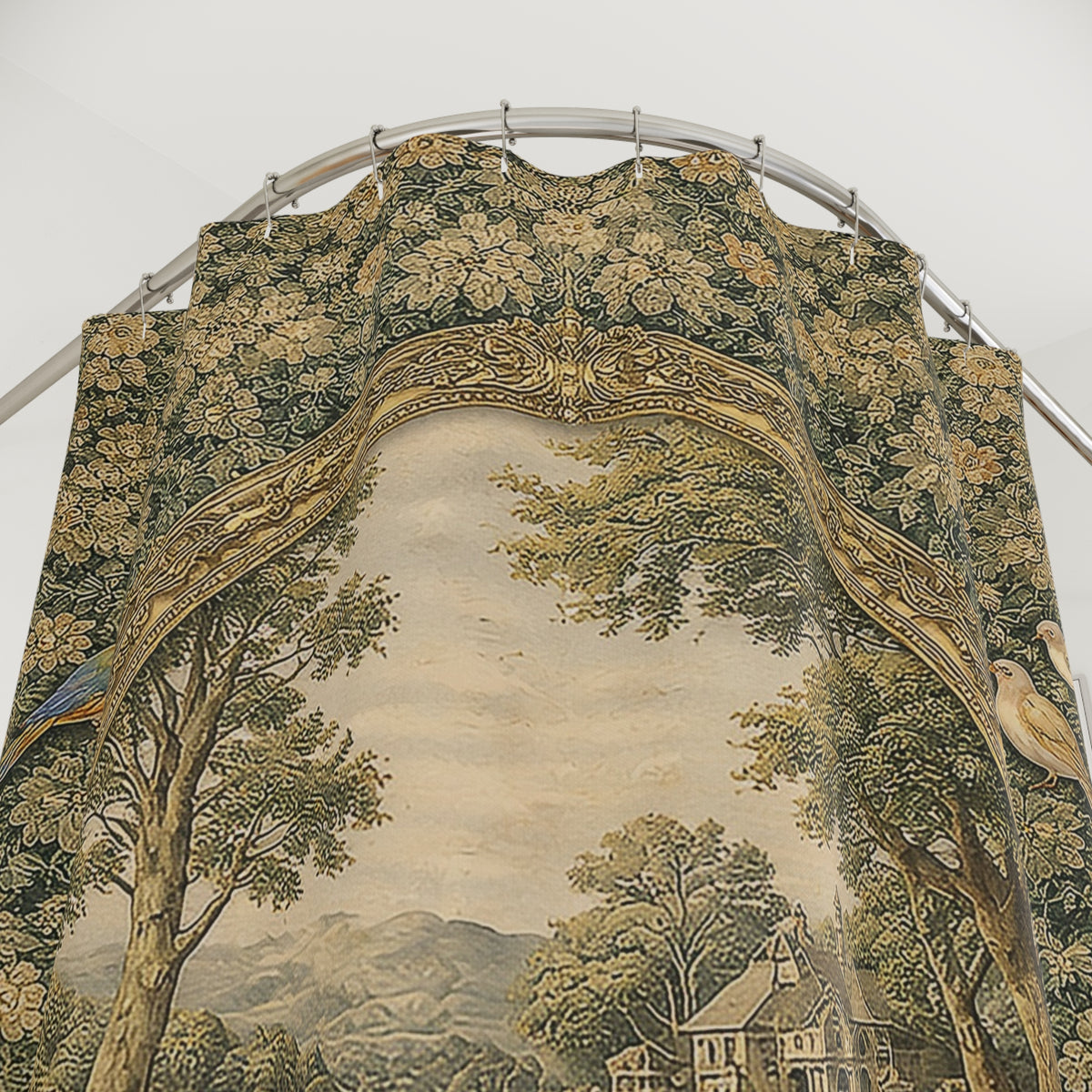 Verdure Green Forestcore Chateaucore Shower Curtain, Victorian Bathroom Decor, French Country Chateau, Shabby Chic Housewarming Wedding Gift