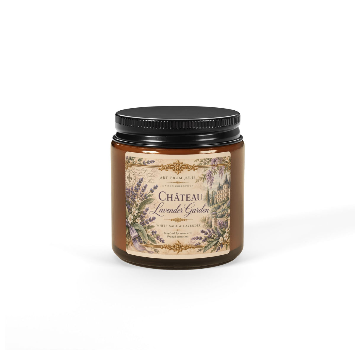 Château Lavender Garden Candle, White Sage Lavender Scented Soy Candle in Amber Jar, French Country Chateaucore Home Décor Gift