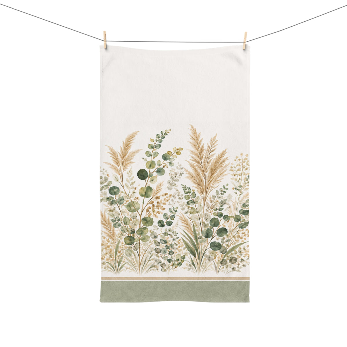 Eucalyptus & Pampas Grass Hand Towel – Sage Green Botanical Spa Towel, Neutral French Country Cottage Bathroom Decor