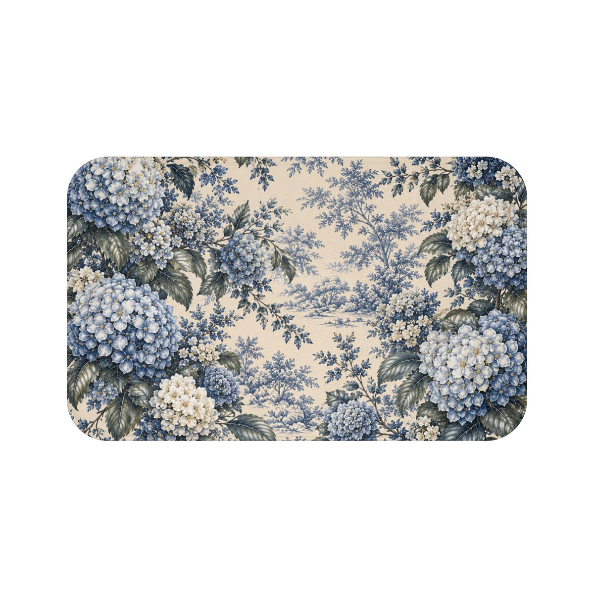 Blue Hydrangea Château Garden Memory Foam Bathmat, French Country Navy Blue Floral Bathroom Cushioned Throw Rug, Chateaucore Hydrangea Decor