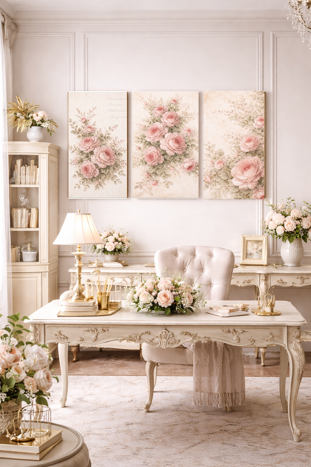 Matching 3-Piece Canvas Set, Chateaucore Blush Pink Roses Bouquet Canvas, French Country Bedroom, Romantic Living Room, Housewarming Gift