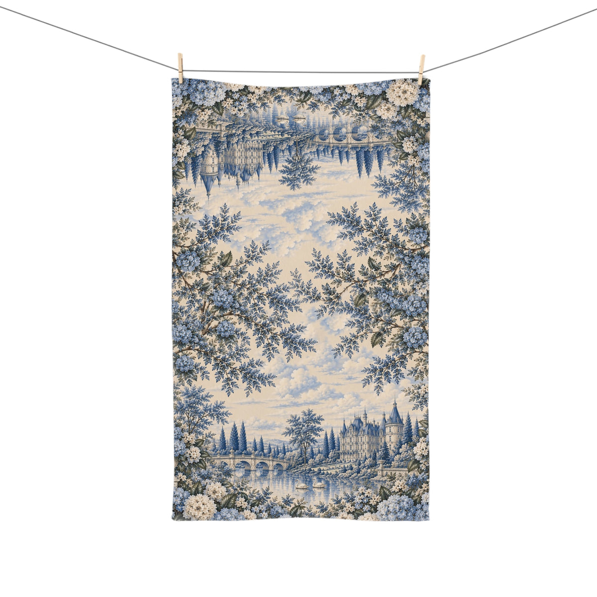 Blue Hydrangea Château Garden Hand Towel, French Country Floral Tea Cloth, Blue Toile Chateaucore Shabby Chic Bathroom Decor