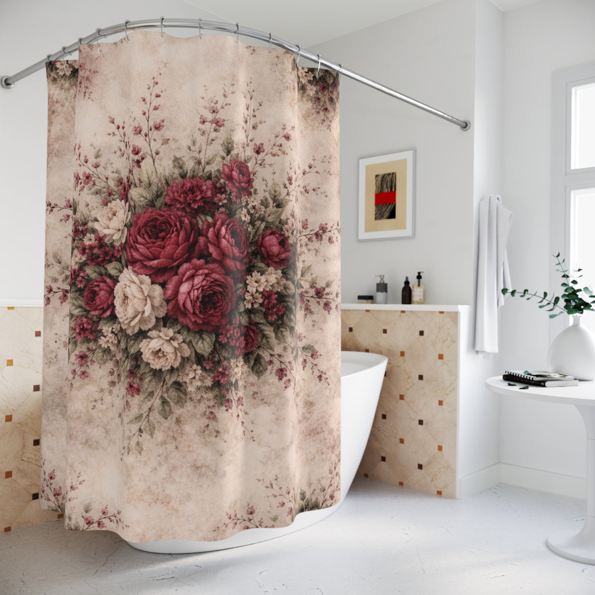 Burgundy Rose Memory Foam Bathmat, Floral  Shower Curtain, French Country Chateaucore Victorian Shabby Chic Romantic Decor
