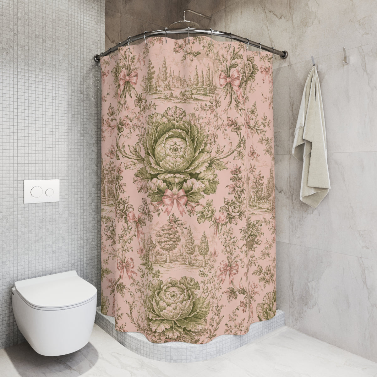 Pink Coquette Cabbage Shower Curtain, French Toile Bathroom Decor, Cottagecore Grandmillennial Bath Curtain, Romantic Botanical Bathroom