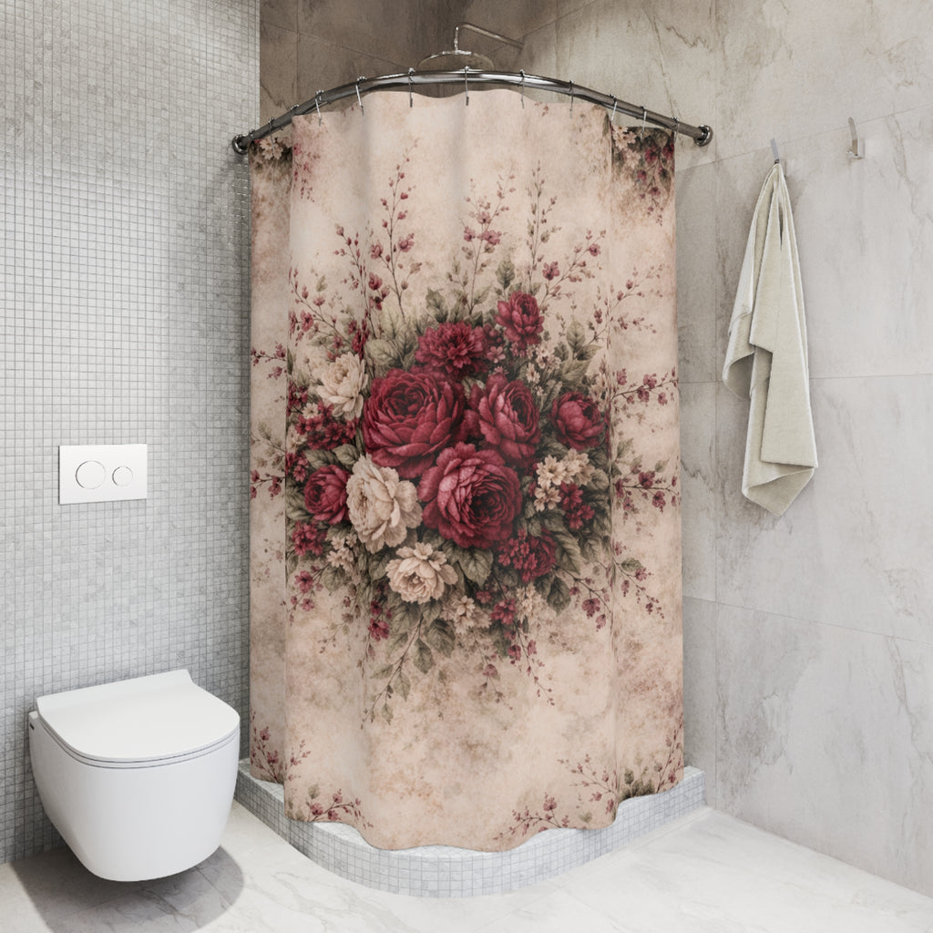 Burgundy Rose Memory Foam Bathmat, Floral  Shower Curtain, French Country Chateaucore Victorian Shabby Chic Romantic Decor