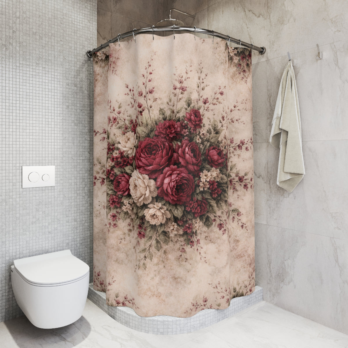 Burgundy Rose Memory Foam Bathmat, Floral  Shower Curtain, French Country Chateaucore Victorian Shabby Chic Romantic Decor