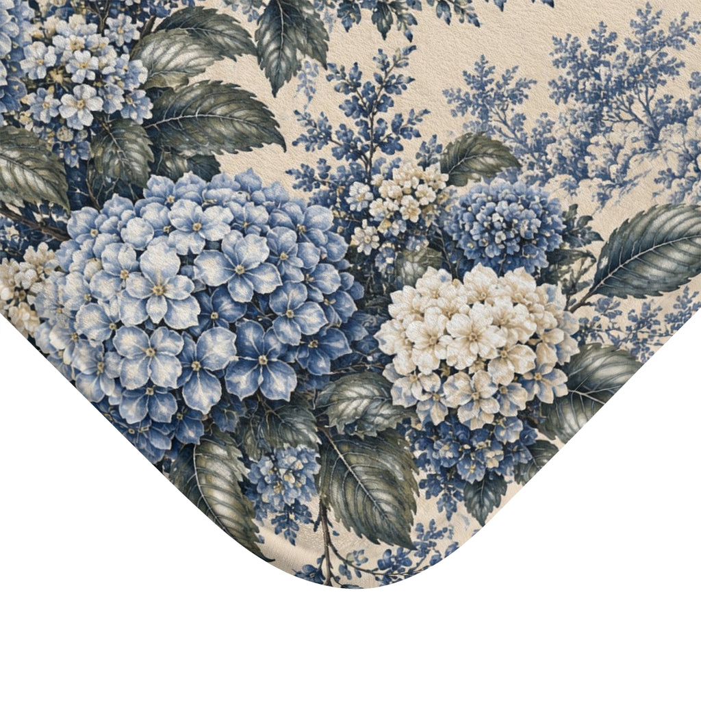 Blue Hydrangea Château Garden Memory Foam Bathmat, French Country Navy Blue Floral Bathroom Cushioned Throw Rug, Chateaucore Hydrangea Decor