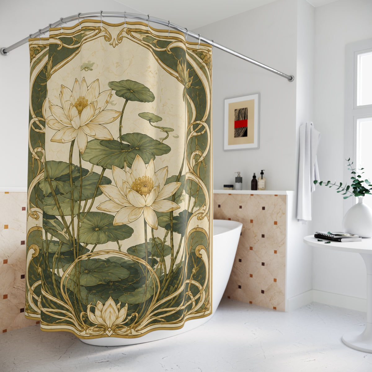 Art Nouveau Water Lily Shower Curtain, Sage Green Botanical Bathroom Decor, Watercolor Leaf Bath Curtain, Spa Style Farmhouse Bathroom,
