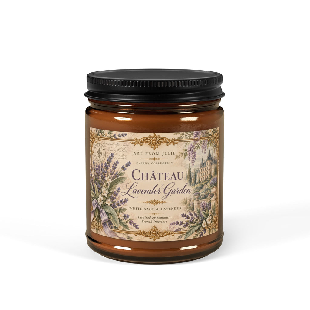 Château Lavender Garden Candle, White Sage Lavender Scented Soy Candle in Amber Jar, French Country Chateaucore Home Décor Gift