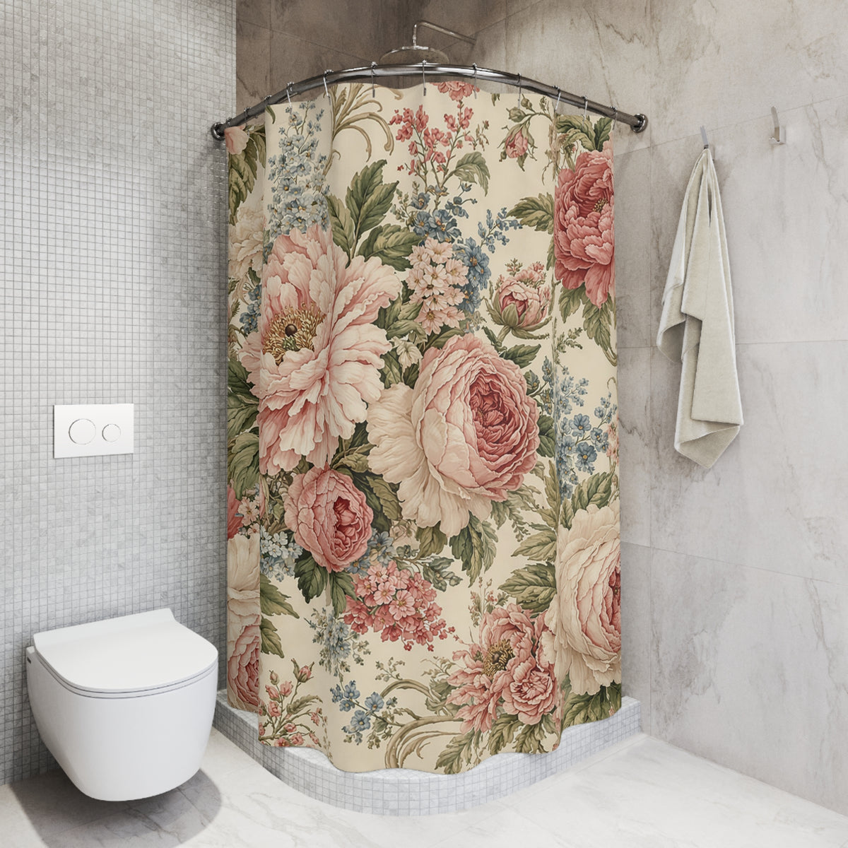Pink Peonies Roses Floral Fabric Shower Curtain, Chateaucore Victorian Bathroom, French Country Cottage, Shabby Chic Bath Decor