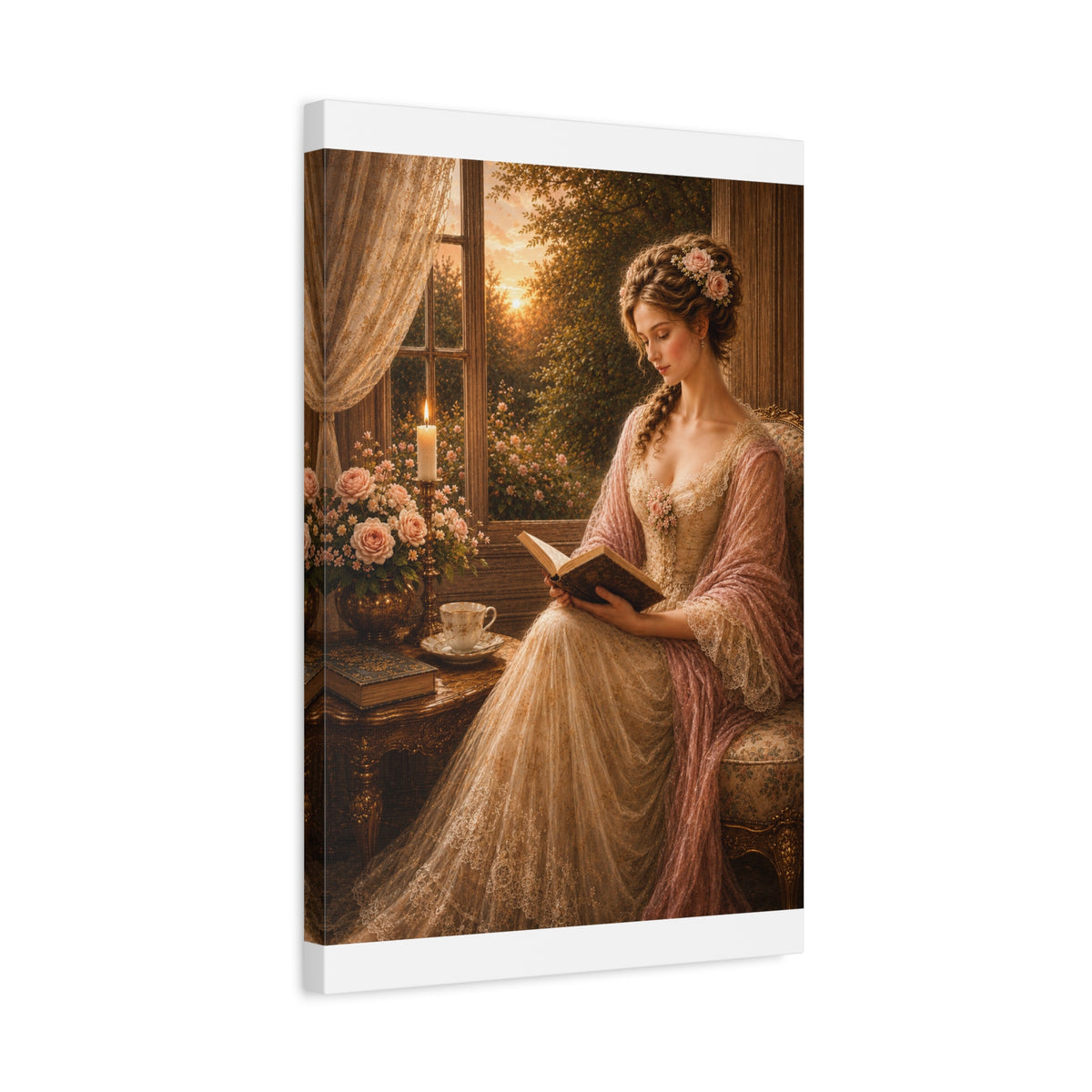 Victorian Pink Lady Reader Roses Canvas Wall Art Print, Feminine Wall Hanging Decor, Vintage 1800's Ladies, Home Decor, Gift for Her