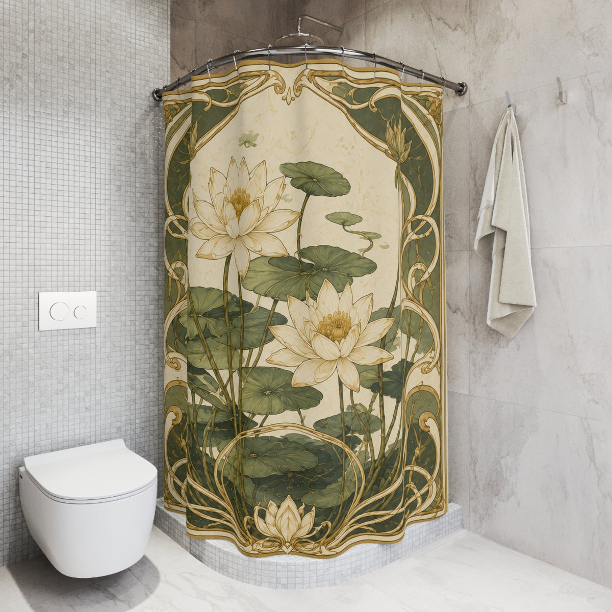 Art Nouveau Water Lily Shower Curtain, Sage Green Botanical Bathroom Decor, Watercolor Leaf Bath Curtain, Spa Style Farmhouse Bathroom,