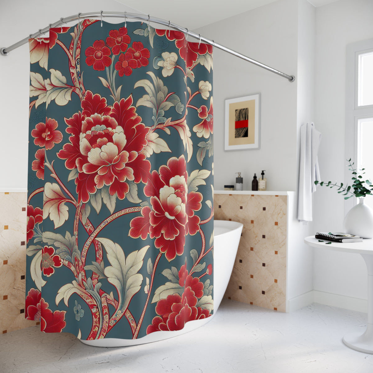 Red Green Floral Chinoiserie Floral Fabric Shower Curtain Victorian Bathroom Vintage Country Cottage Shabby Chic Housewarming Gift