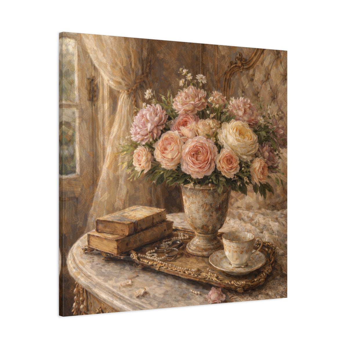 French Country Books Roses Canvas Wall Art Print, Chateaucore Floral Wall Hanging Decor, Victorian Romantic Home Decor, Gift Mom Grandma