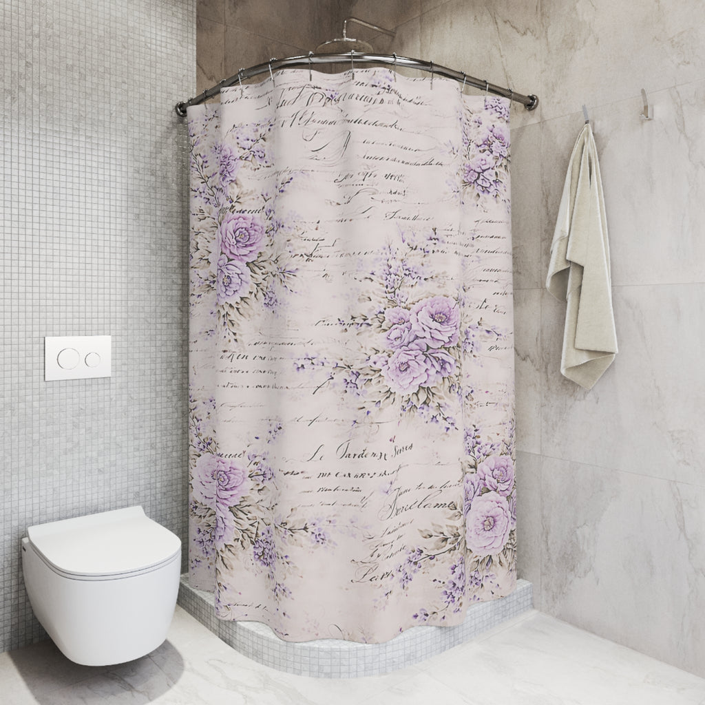 Chateaucore Lavendar Roses Floral Shower Curtain, Victorian Bathroom Decor, French Script Country, Shabby Chic, Housewarming Wedding Gift