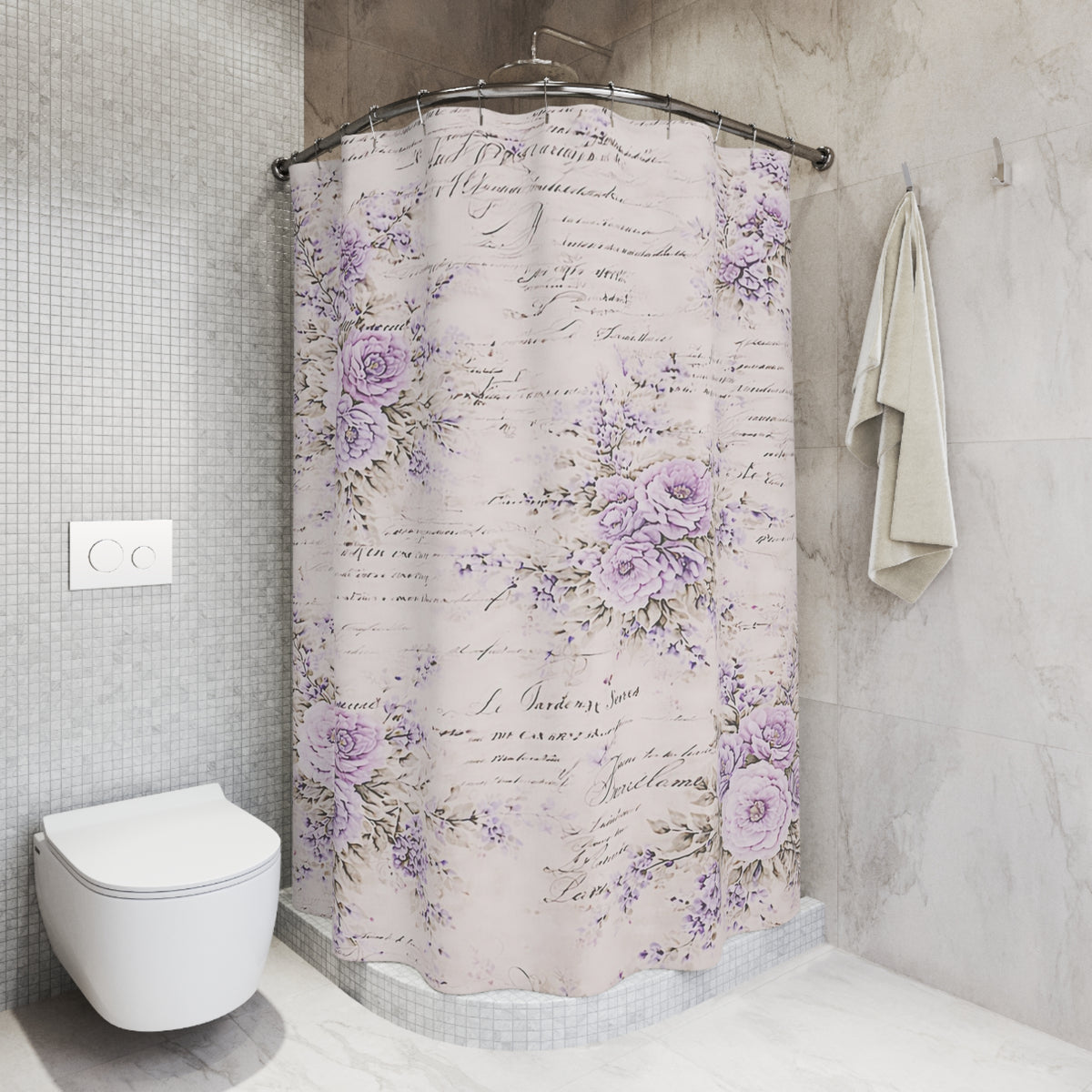 Chateaucore Lavendar Roses Floral Shower Curtain, Victorian Bathroom Decor, French Script Country, Shabby Chic, Housewarming Wedding Gift