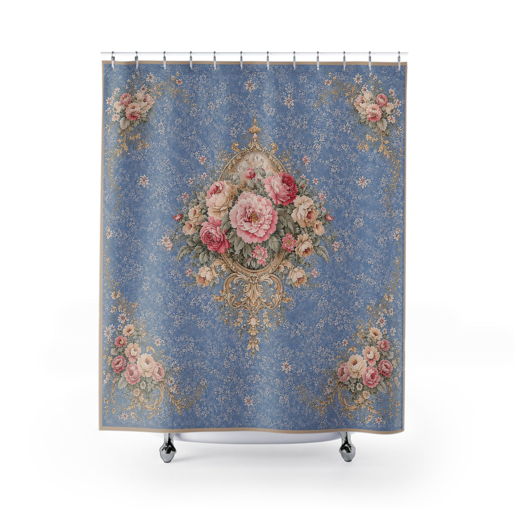 Chateaucore Blue Soft Pink Roses Floral Shower Curtain, Victorian Rococo Bathroom Decor, French Country, Shabby Chic Housewarming Gift