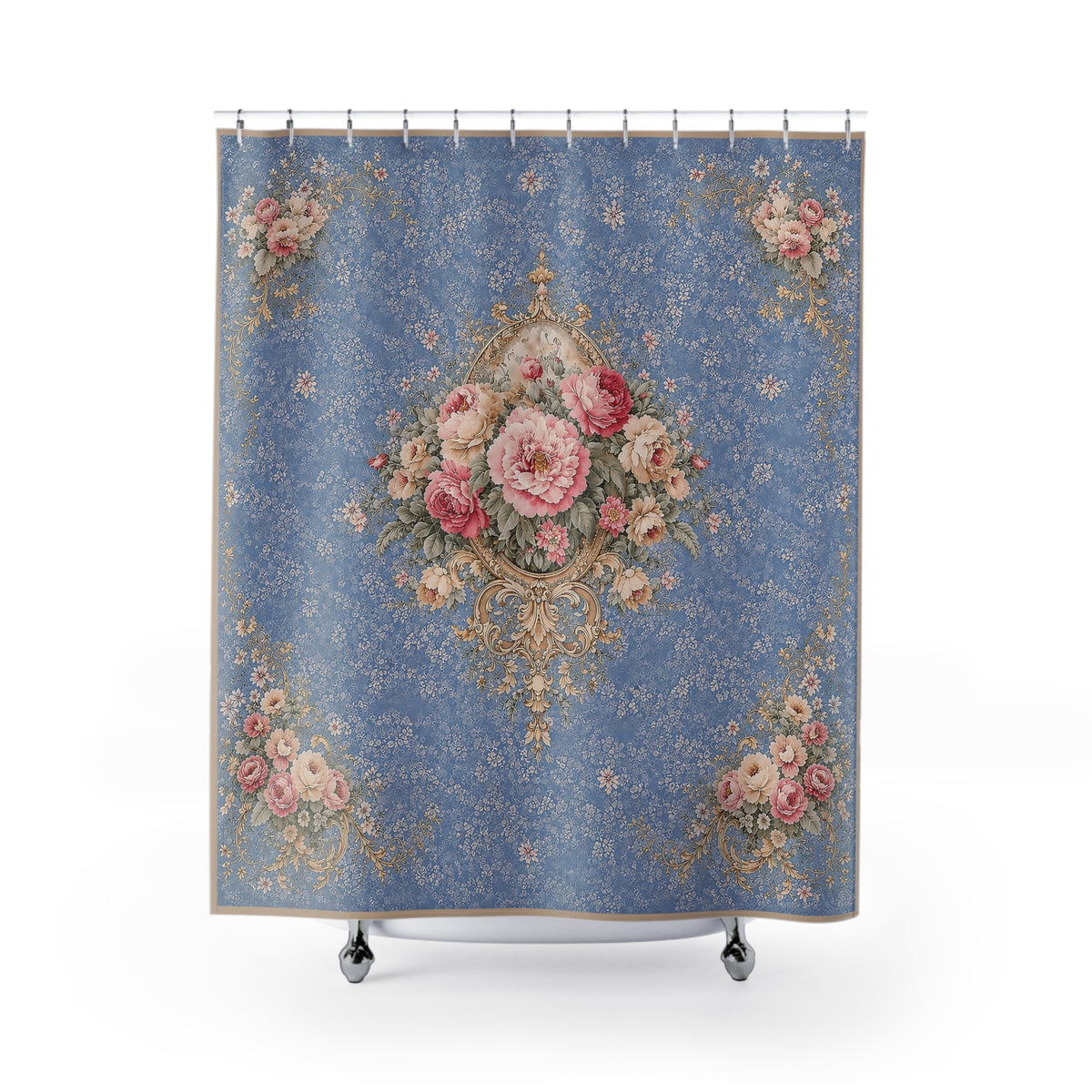 Chateaucore Blue Soft Pink Roses Floral Shower Curtain, Victorian Rococo Bathroom Decor, French Country, Shabby Chic Housewarming Gift