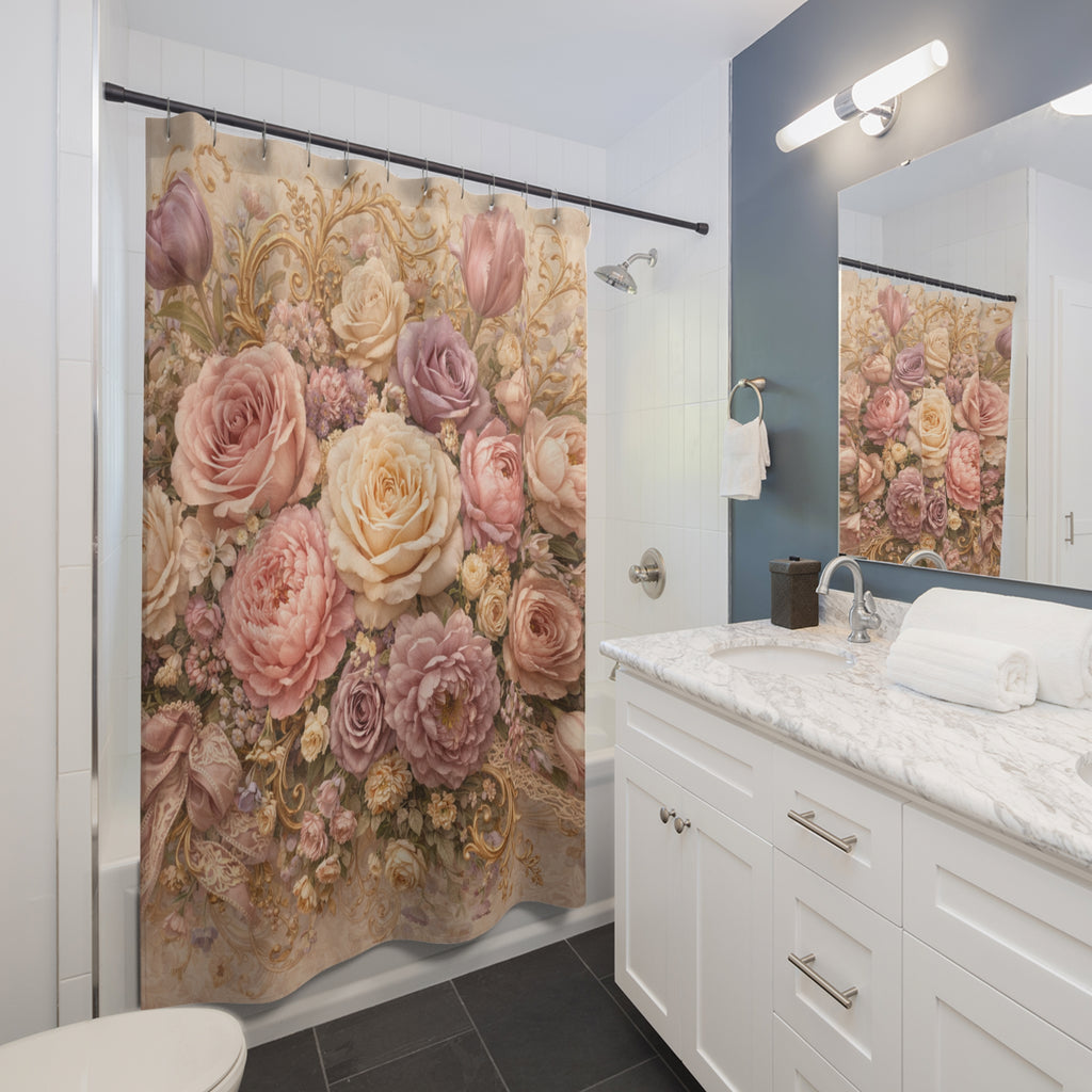 Rococo Pink Roses Floral Gold Baroque Shower Curtain, Victorian Bathroom Decor, French Country, Shabby Chic, Housewarming Wedding Gift