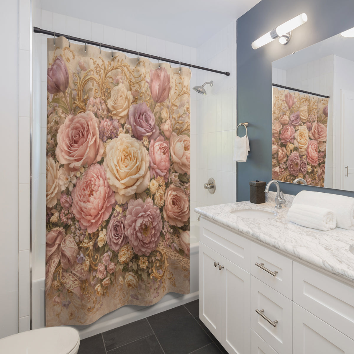 Rococo Pink Roses Floral Gold Baroque Shower Curtain, Victorian Bathroom Decor, French Country, Shabby Chic, Housewarming Wedding Gift