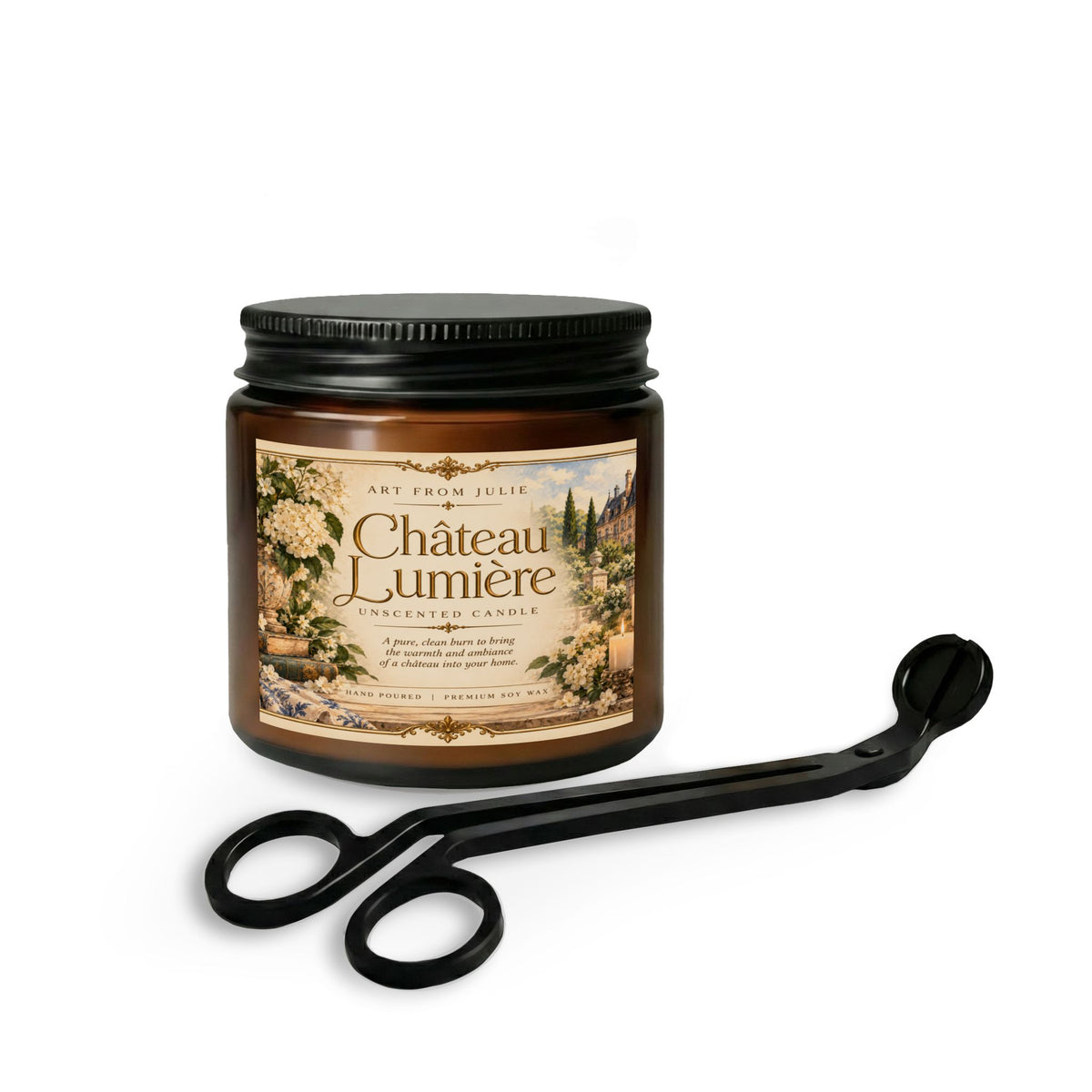 Château Lumière Unscented Candle Gift Set – French Country Soy Candle with Matte Black Wick Trimmer Amber Jar