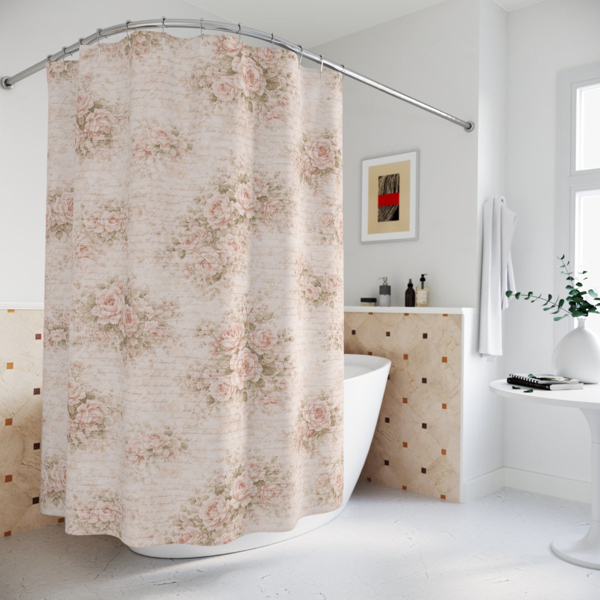Chateaucore Soft Pink Roses Floral Shower Curtain, Victorian Bathroom Decor, French Script Country, Shabby Chic, Housewarming Wedding Gift