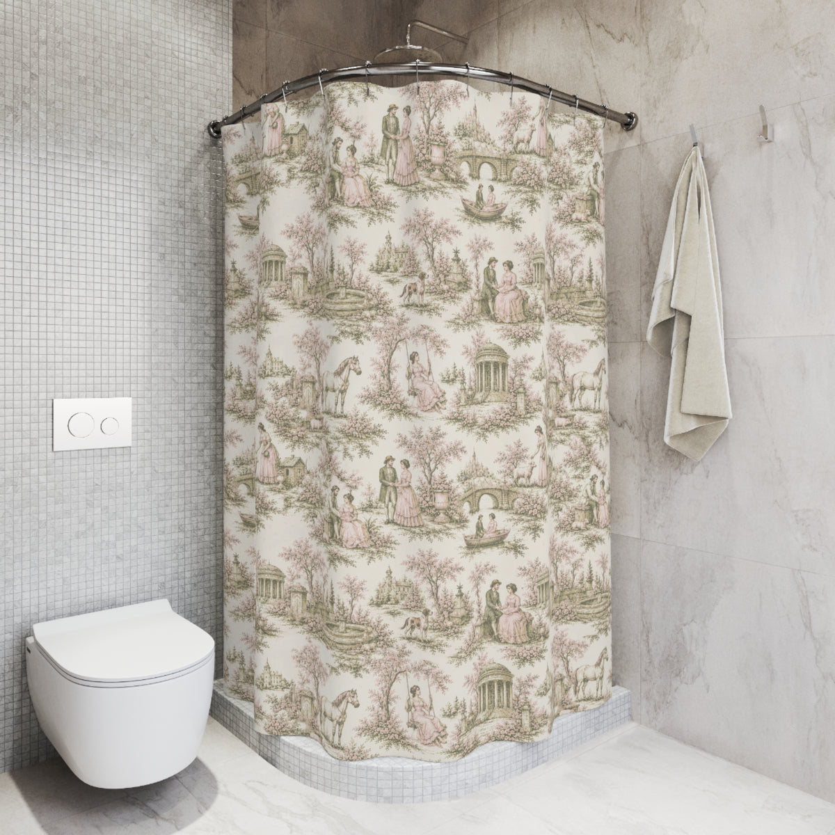 Soft Pink Sage French Toil de Jouy Fabric Shower Curtain, Victorian Bathroom Decor Country Cottage, Shabby Chic Farmhouse, Housewarming Gift