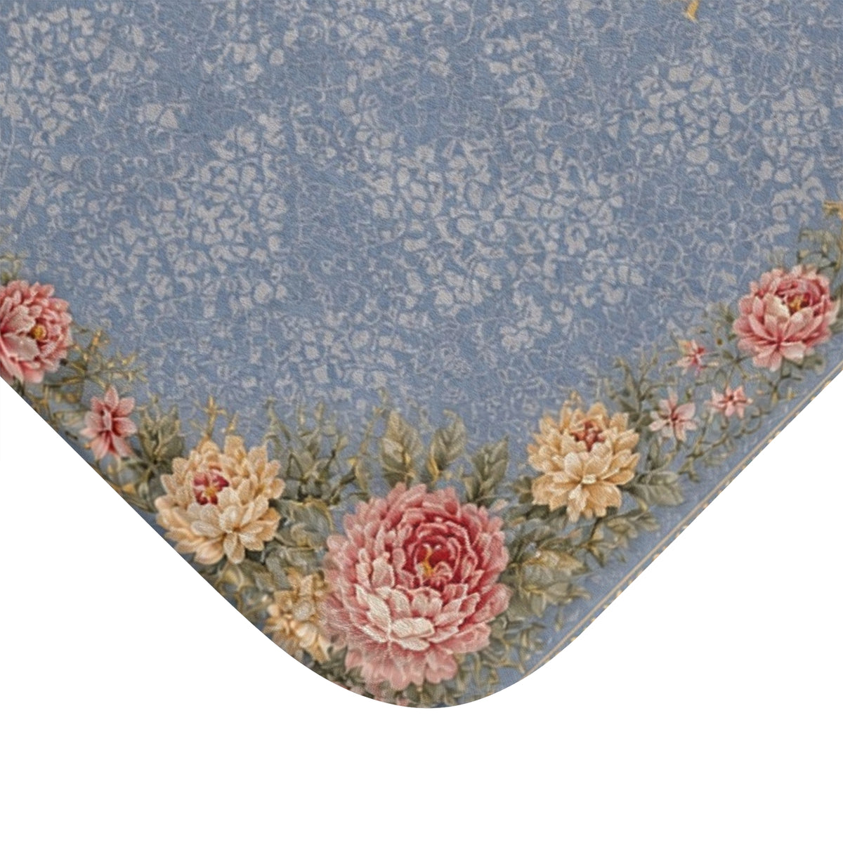 Blue Floral Memory Foam Bath Mat, Pink Peony Rose Rococo Bathroom Rug, French Country Vintage Chateaucore Victorian Shabby Chic Decor