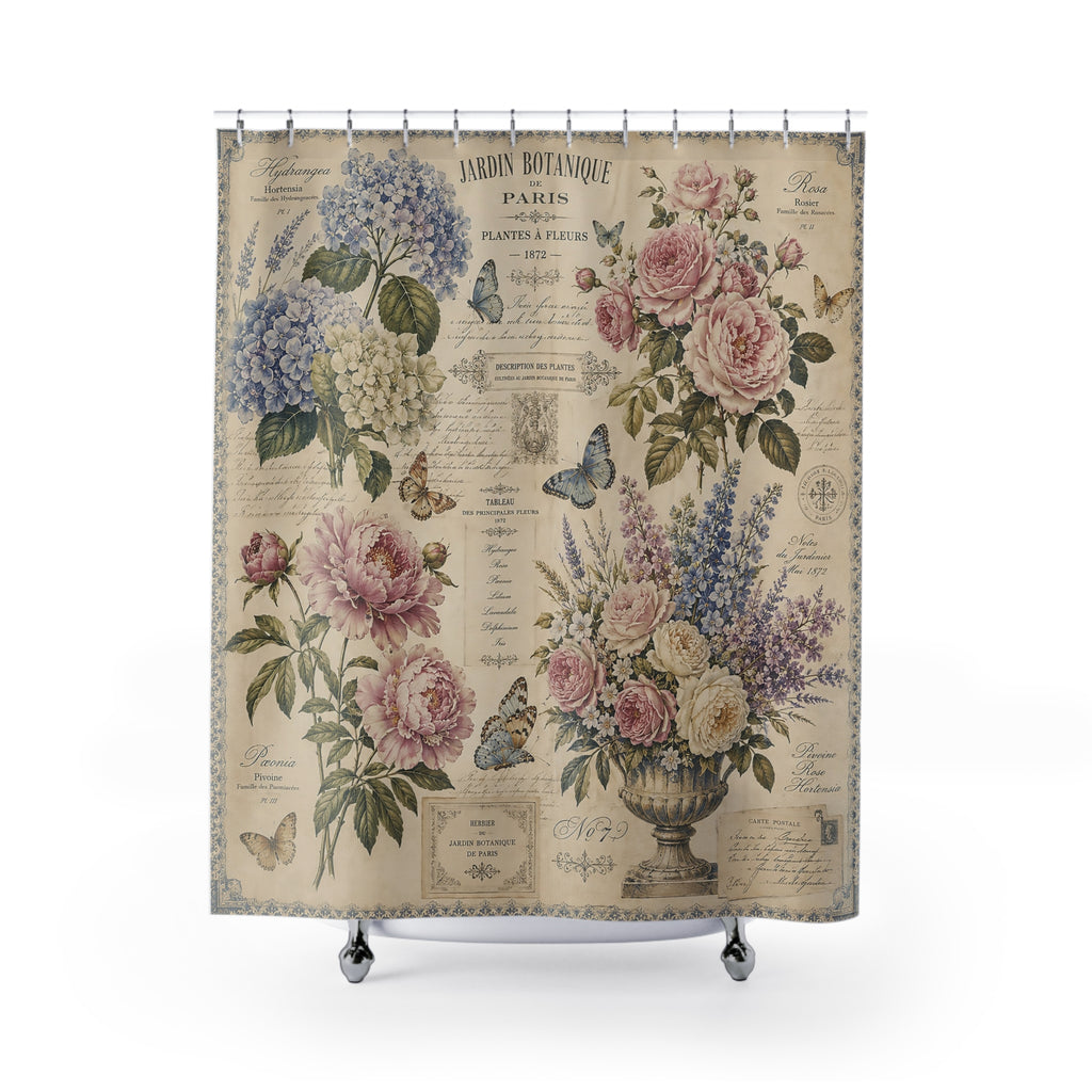 French Botanical Script Fabric Shower Curtain, Hydrangea Roses Peonies Butterflies, Vintage Floral French Country Bathroom