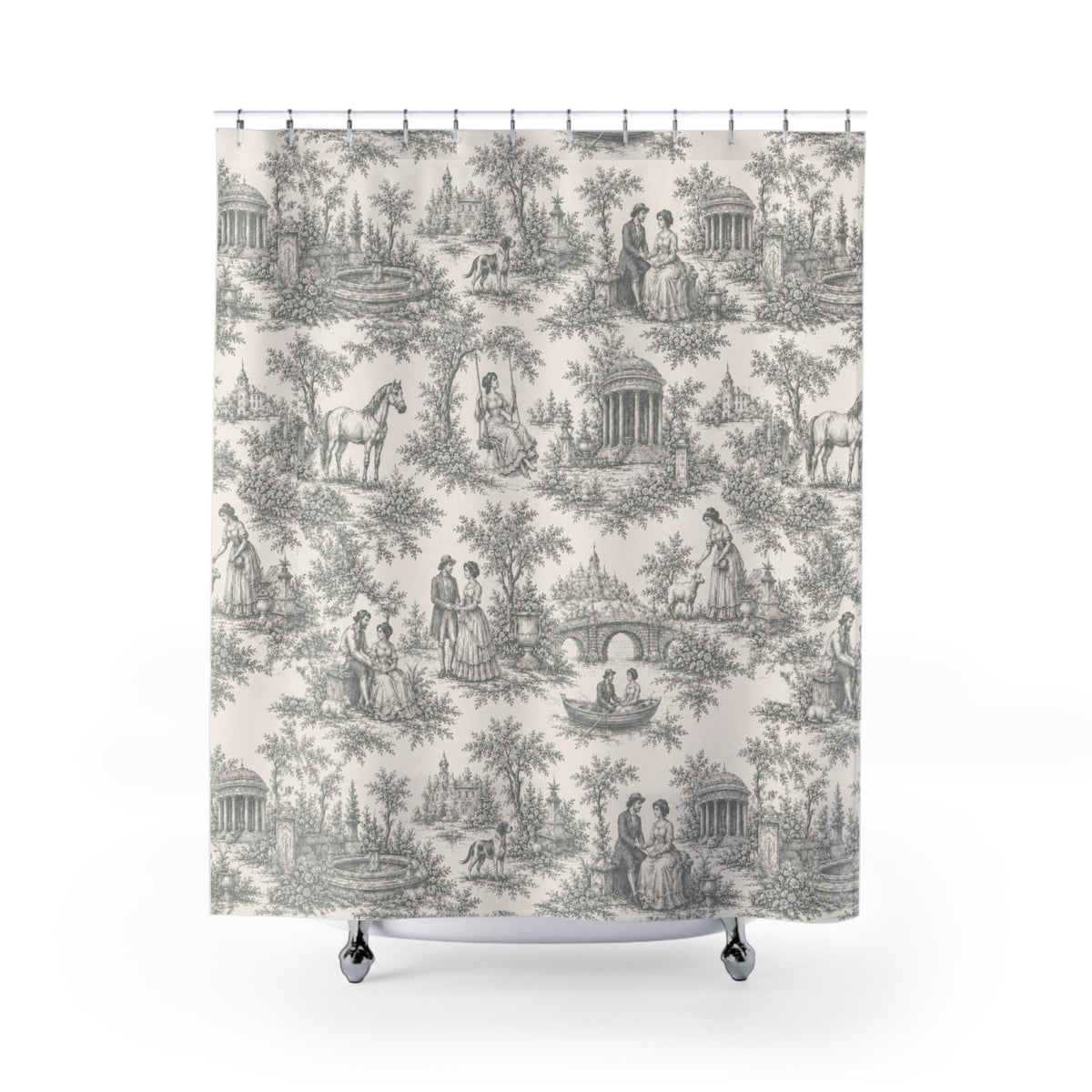 Nickel Gray French Toil de Jouy Shower Curtain, Victorian Bathroom Decor, Vintage Country Cottage, Shabby Chic, Farmhouse, Housewarming Gift