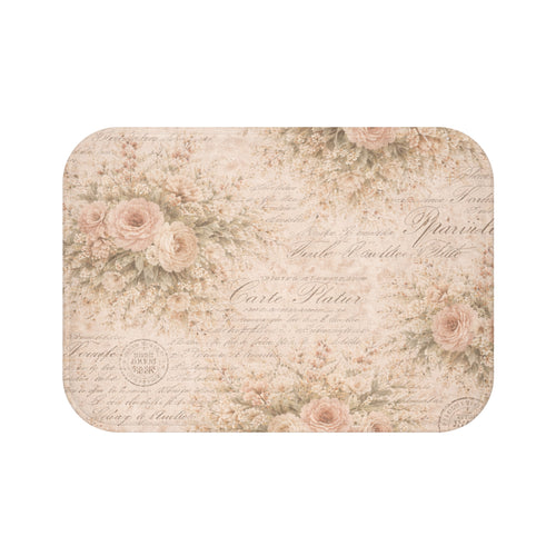 Blush Pink Rose Memory Foam Bathmat, Vintage French Script Floral Bathroom Rug, Shabby Chic French Country Chateaucore Victorian Decor