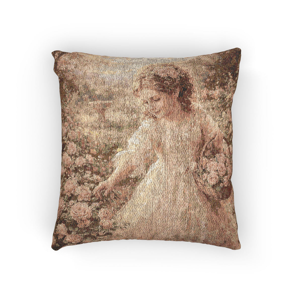 Flower Girl Woven Tapestry Pillow and Cover, Vintage French Country Throw Cushion, Antique Style Victorian Gift, Chateaucore Shabby Chic Decor