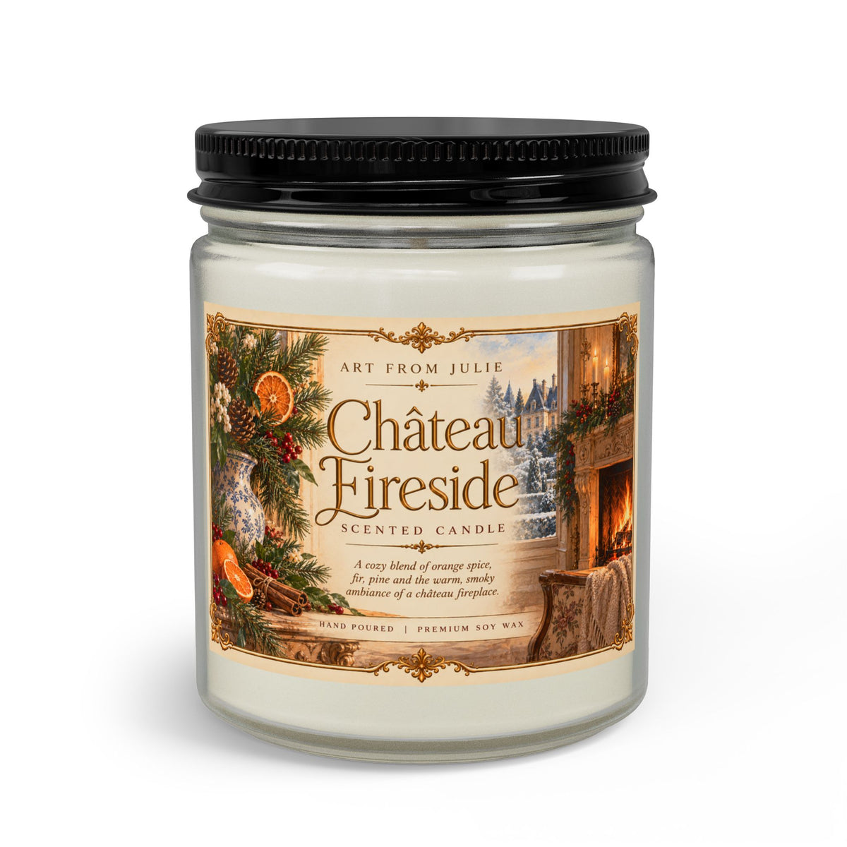 Château Fireside Candle Gift Set, Orange Spice, Fir & Pine Scented Candle with Matte Black Wick Trimmer, French Country Home Fragrance